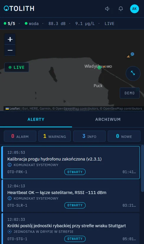 Wersja mobilna panelu operatora: mapa i lista alertów