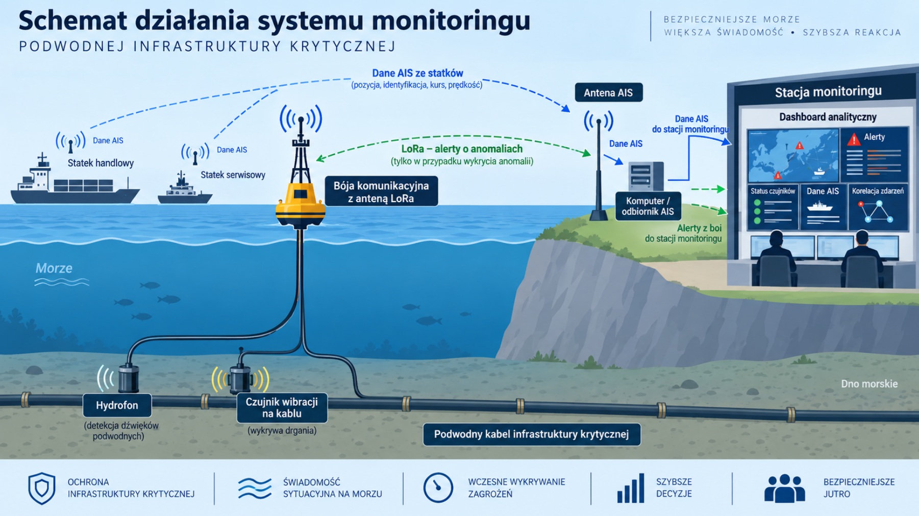 Schemat działania systemu monitoringu podwodnej infrastruktury krytycznej: hydrofon i czujnik wibracji na kablu, boja z anteną LoRa, antena AIS, komputer i stacja monitoringu z dashboardem